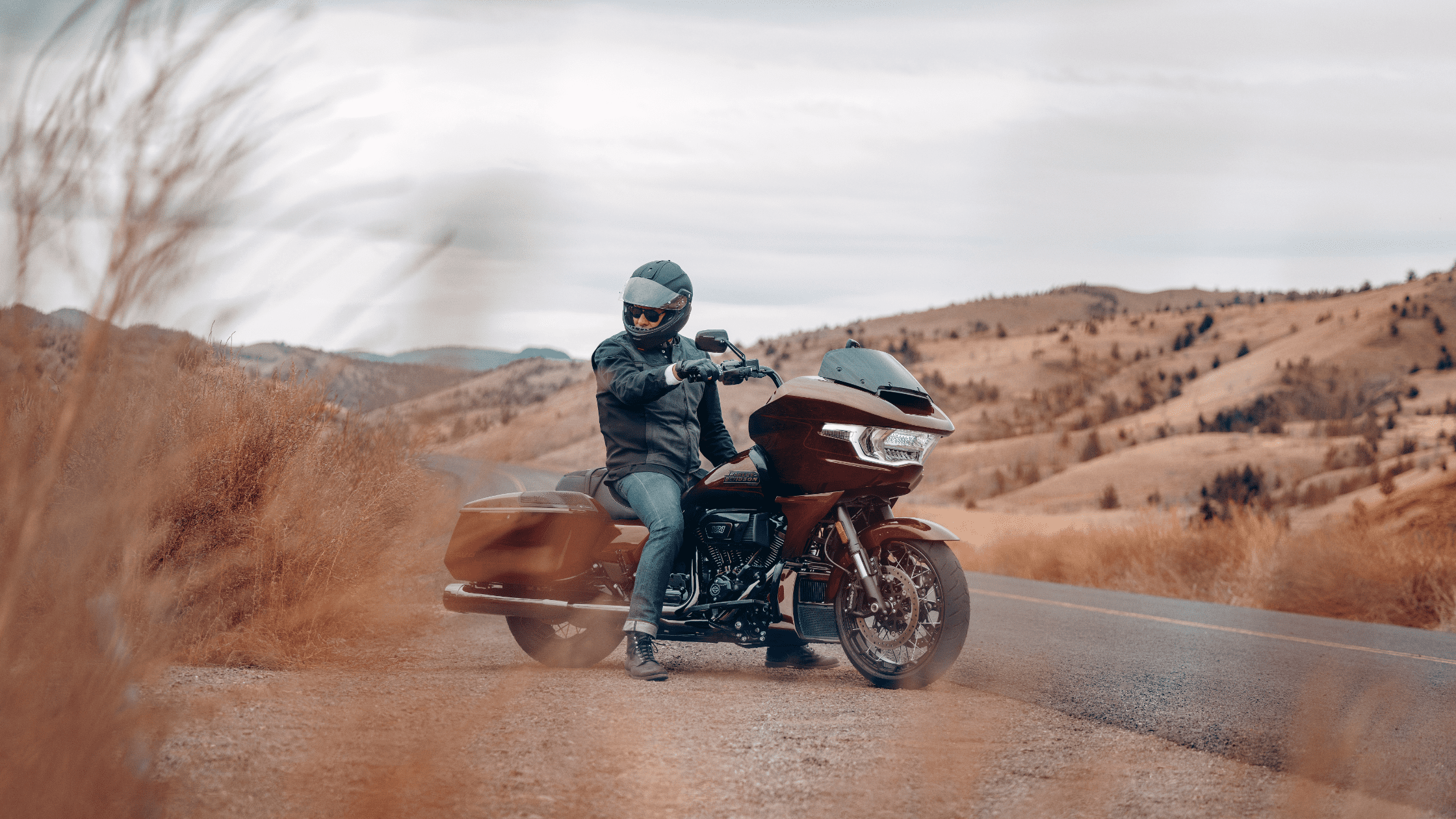 A rider on the 2024 Harley-Davidson® CVO™ Road Glide® motorcycle, cruising through scenic mountain roads near Covington, GA.